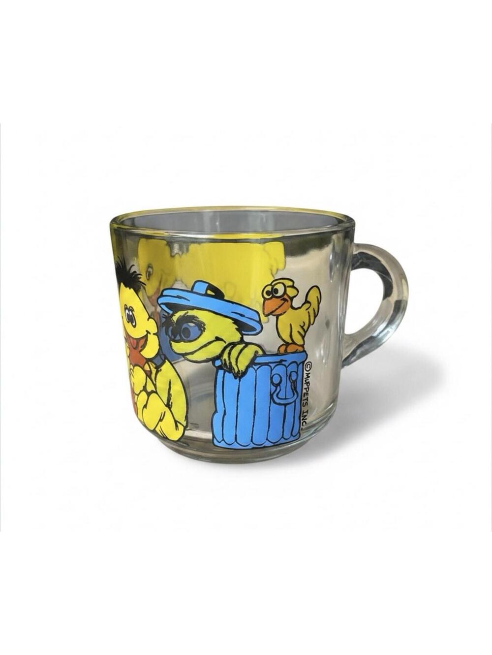 Vintage Muppets Clear Glass Sesame Street Coffee Mug Oscar the Grouch Big Bird